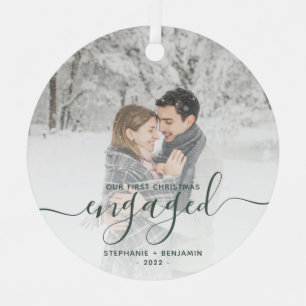 First Christmas Engaged Custom Photo Green Script Metal Tree Decoration