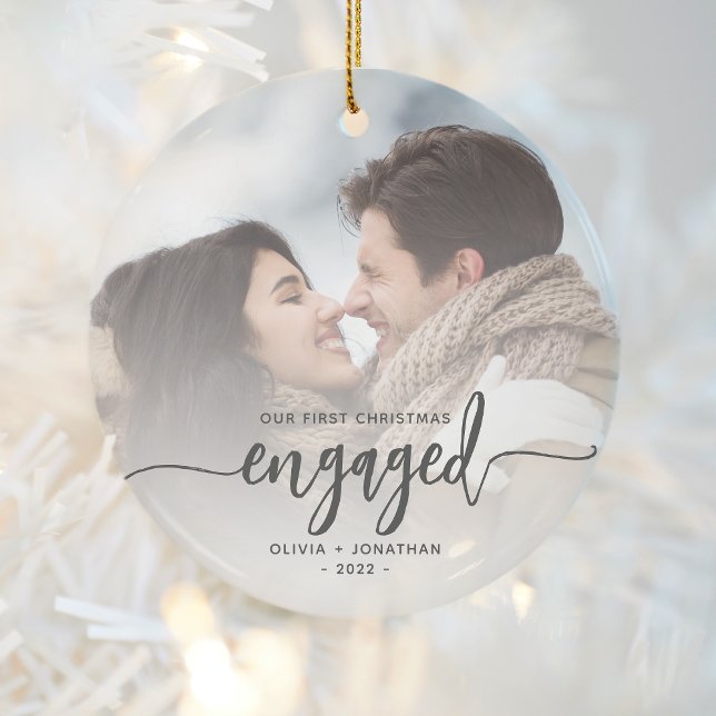 First Christmas Engaged Custom Photo Grey Script Ceramic Tree Decoration (Creator Uploaded)