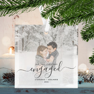 First Christmas Engaged Custom Photo Grey Script Glass Tree Decoration