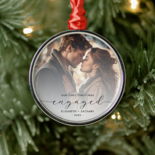 First Christmas Engaged Custom Photo Grey Script Metal Tree Decoration