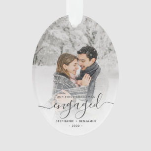First Christmas Engaged Custom Photo Grey Script Ornament