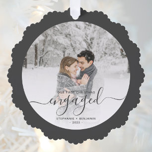 First Christmas Engaged Custom Photo Grey Script Tree Decoration Card