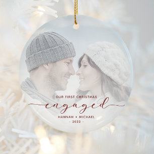 First Christmas Engaged Custom Photo Red Script Ceramic Tree Decoration