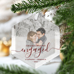 First Christmas Engaged Custom Photo Red Script Glass Tree Decoration