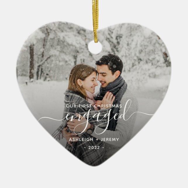 First Christmas Engaged Custom Photo White Script Ceramic Tree Decoration (Front)