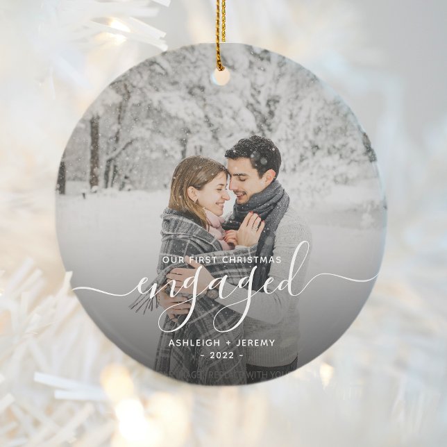 First Christmas Engaged Custom Photo White Script Ceramic Tree Decoration (Creator Uploaded)