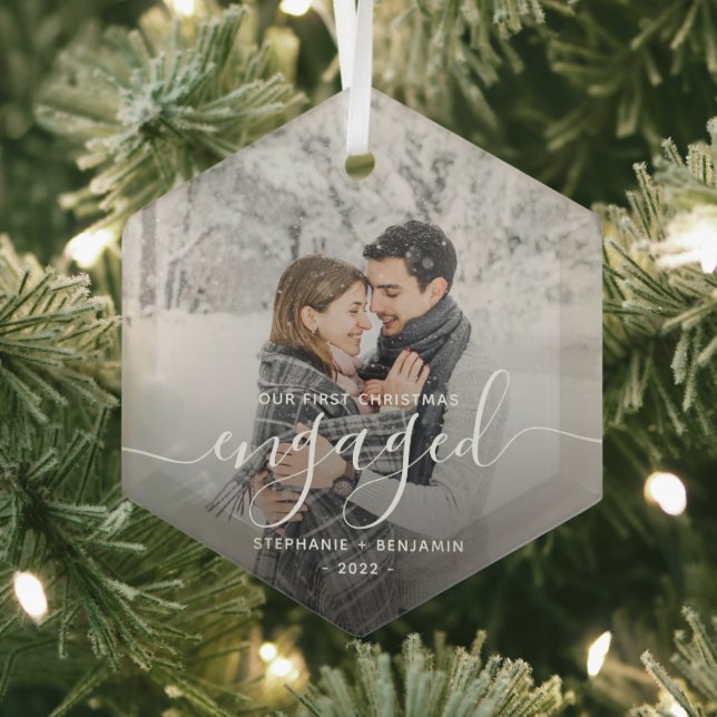 First Christmas Engaged Custom Photo White Script Glass Tree Decoration (Insitu)