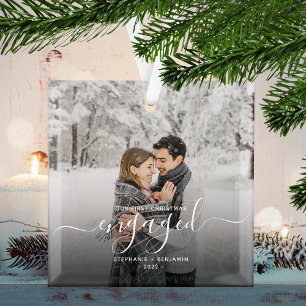 First Christmas Engaged Custom Photo White Script Glass Tree Decoration