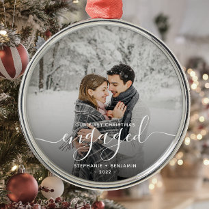 First Christmas Engaged Custom Photo White Script Metal Tree Decoration
