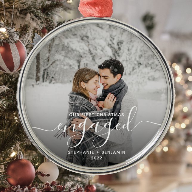 First Christmas Engaged Custom Photo White Script Metal Tree Decoration (Creator Uploaded)