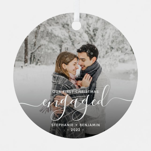 First Christmas Engaged Custom Photo White Script Metal Tree Decoration (Front)