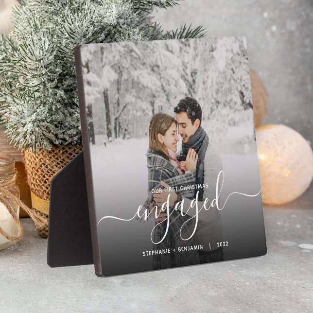 First Christmas Engaged Custom Photo White Script Plaque (Creator Uploaded)