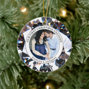 FIRST CHRISTMAS ENGAGED Diamond 2 Photo Ceramic Tree Decoration
