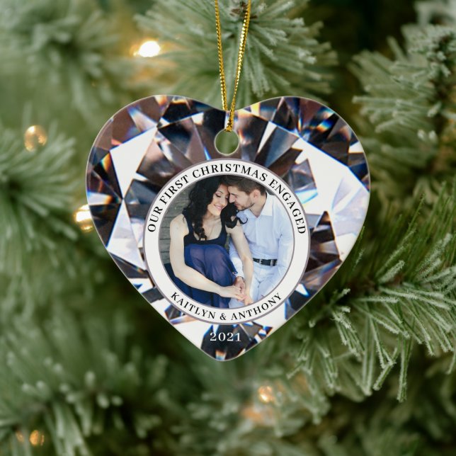 FIRST CHRISTMAS ENGAGED Diamond Heart 2 Photo Ceramic Tree Decoration (Tree)