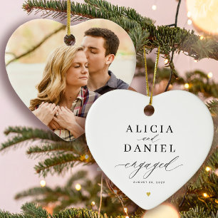 First Christmas engaged engagement photo heart Ceramic Tree Decoration