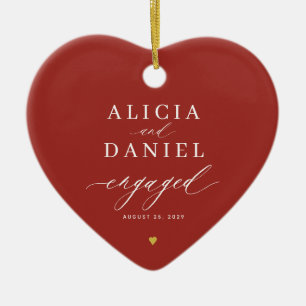 First Christmas engaged engagement photo red heart Ceramic Tree Decoration