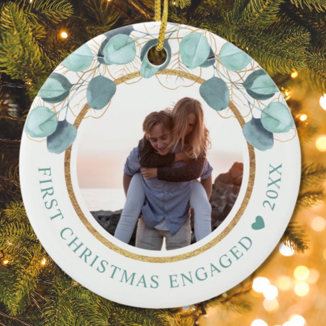 First Christmas Engaged Eucalyptus Gold Photo Cera Ceramic Tree Decoration (Creator Uploaded)
