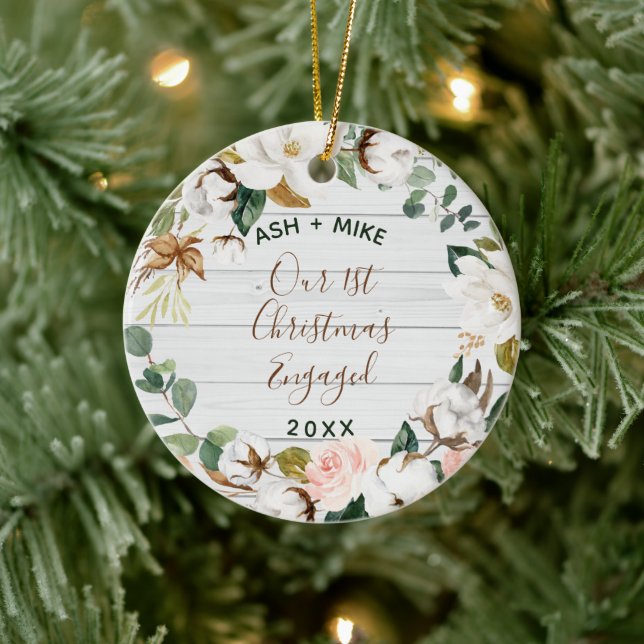 First Christmas Engaged Eucalyptus Wreath Photo Ceramic Tree Decoration (Tree)