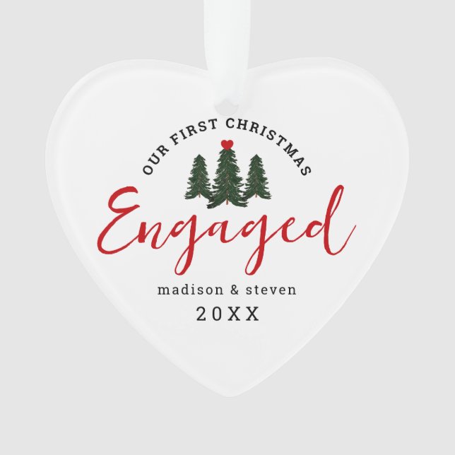 First Christmas Engaged Evergreen Trees Heart Ornament (Front)