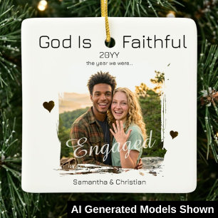 First Christmas Engaged Faithful God Photo Year Ceramic Ornament