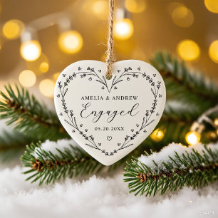 First Christmas Engaged Floral Botanical  Wreath Ceramic Tree Decoration