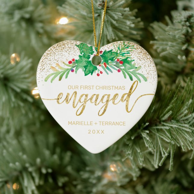 First Christmas Engaged Gold Glitter Holly Photo Ceramic Tree Decoration (Tree)