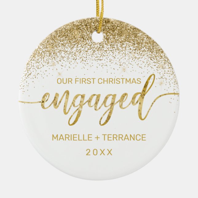 First Christmas Engaged Gold Glitter Script Photo Ceramic Tree Decoration (Front)