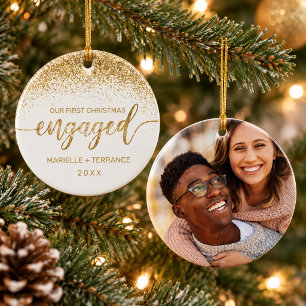 First Christmas Engaged Gold Glitter Script Photo Ceramic Tree Decoration