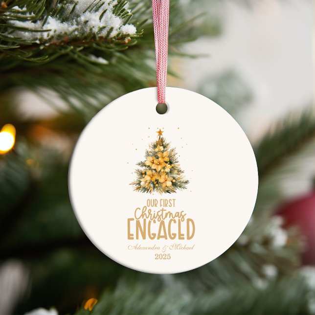 First Christmas Engaged gold photo Ceramic Tree Decoration (Creator Uploaded)