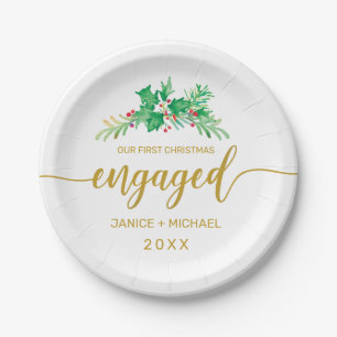First Christmas Engaged Gold Script Holly Monogram Paper Plate