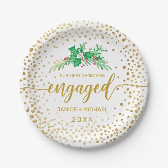 First Christmas Engaged Gold Script Holly Monogram Paper Plate (Front)