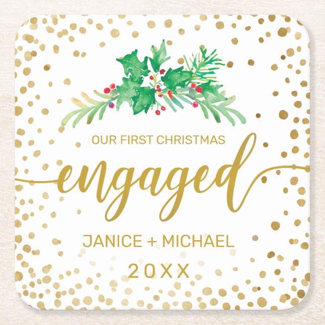 First Christmas Engaged Gold Script Holly Monogram Square Paper Coaster (Front)