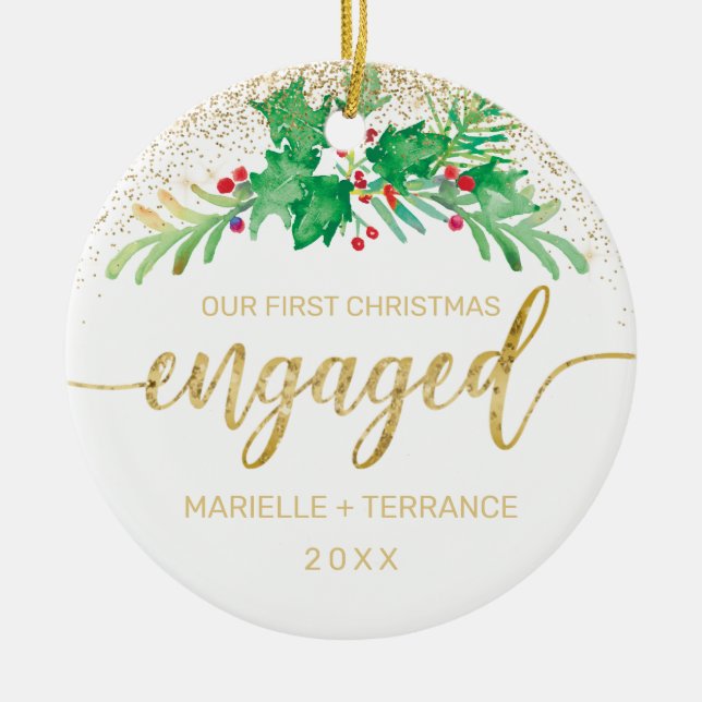First Christmas Engaged Gold Script Holly Photo Ceramic Tree Decoration (Front)