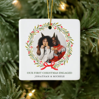 First Christmas Engaged Greenery Berries 2 photo   Ceramic Ornament