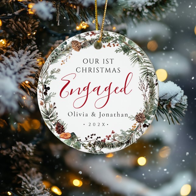 First Christmas Engaged Greenery Wreath Photo Ceramic Tree Decoration (Creator Uploaded)