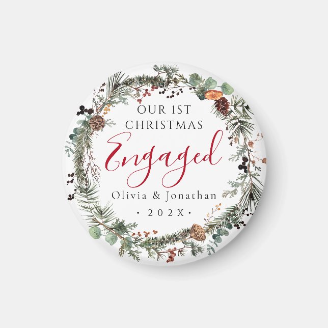 First Christmas Engaged Greenery Wreath Photo Magnet (Front)