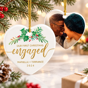 First Christmas Engaged Holly Gold Script Photo Ceramic Tree Decoration