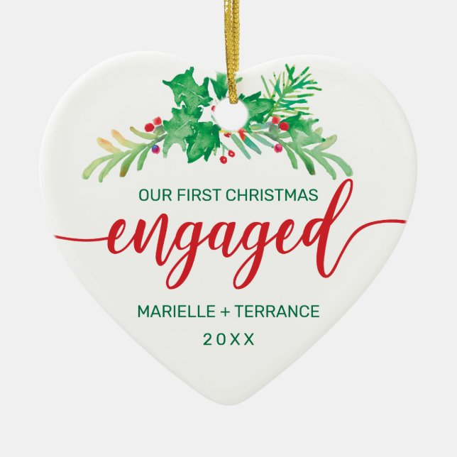 First Christmas Engaged Holly Red Script Photo Ceramic Tree Decoration (Front)