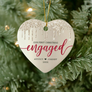 First Christmas Engaged Ivory Glitter Red Script Ceramic Tree Decoration