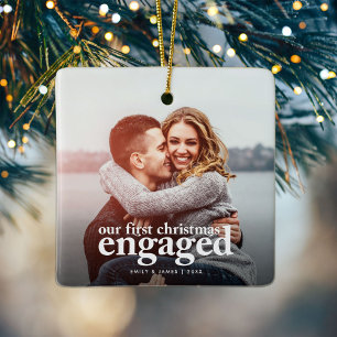 First Christmas Engaged   Minimal Engagement Photo Ceramic Ornament