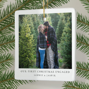First Christmas Engaged   Minimal Engagement Photo Ceramic Ornament