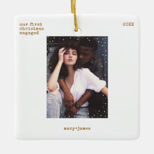 First Christmas Engaged Minimal Typewriter Photo Ceramic Ornament