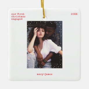 First Christmas Engaged   Minimal Typewriter Photo Ceramic Ornament