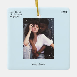 First Christmas Engaged   Minimal Typewriter Photo Ceramic Ornament