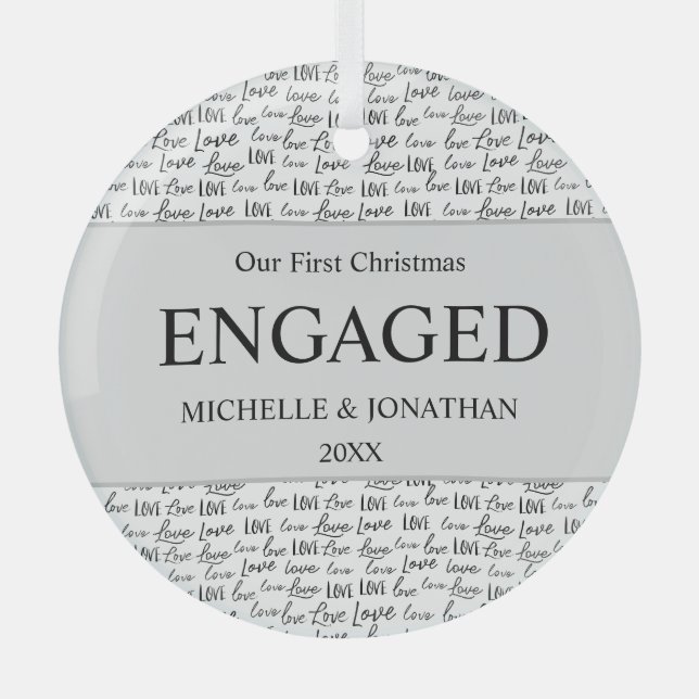 First Christmas Engaged Minimalist Love Custom Glass Tree Decoration (Front)
