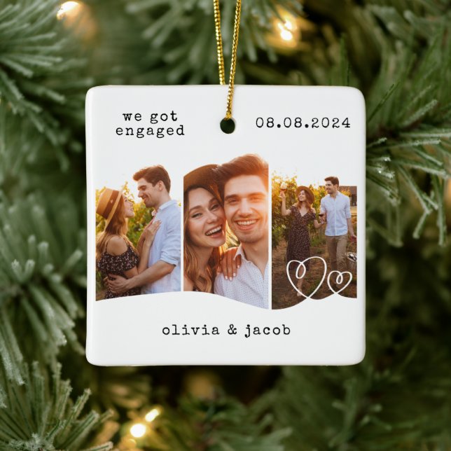 First Christmas Engaged Minimalist Photo Ceramic Ornament (Tree)