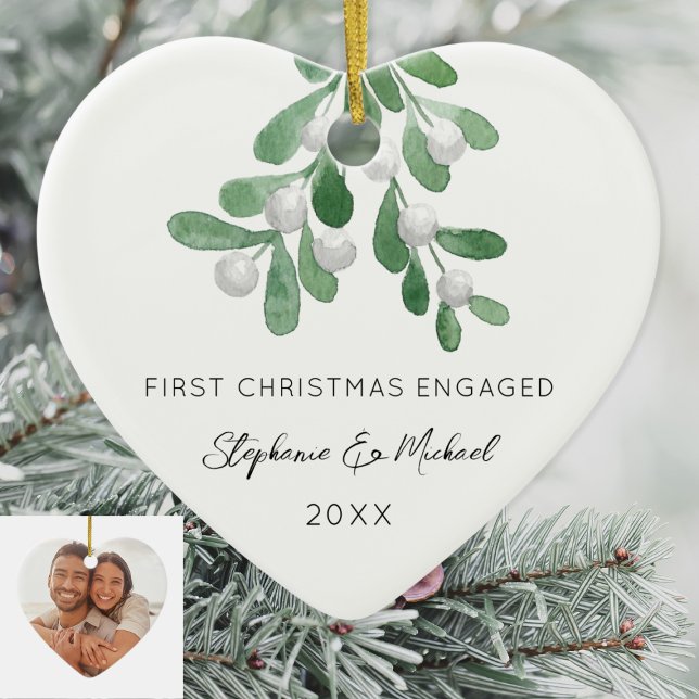 First Christmas Engaged Mistletoe Photo Ceramic Tree Decoration (Creator Uploaded)
