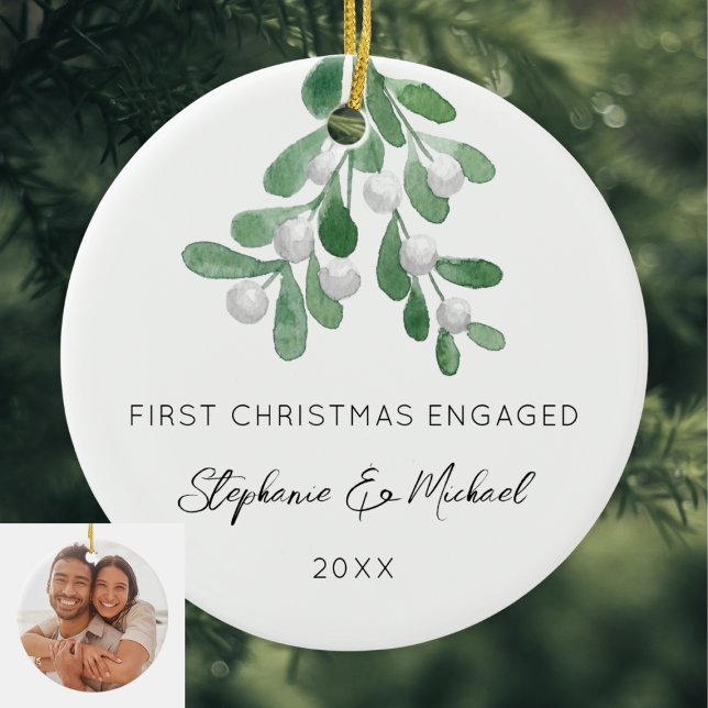 First Christmas Engaged Mistletoe Photo Ceramic Tree Decoration (Creator Uploaded)