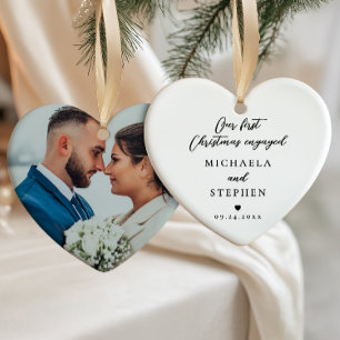 First Christmas Engaged Modern Minimalist Photo Ceramic Tree Decoration