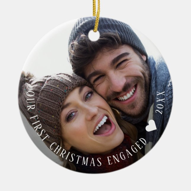 First Christmas Engaged Modern Photo Names Ceramic Tree Decoration (Front)